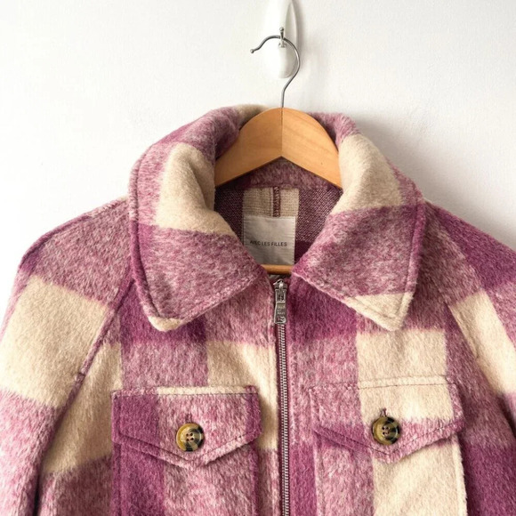 Avec Les Filles Felted Plaid Check Zip Shacket Shirt Jacket Purple Cream Small - Picture 4 of 7